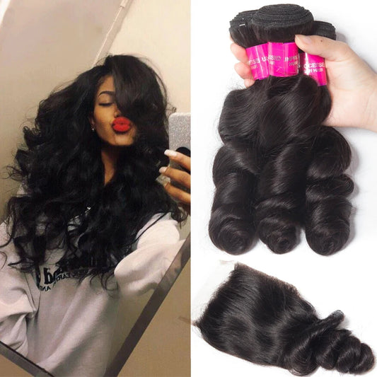 12A Unprocessed Human Hair Bundles With Closure 4X4 Loose Wave